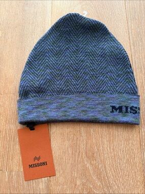 Missoni men’s authentic blue wool beanie hat NEW